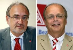 Der Verhandlungsführer der IG Metall, Detlef Wetzel (l.) und der IG Metall-Bezirksleiter Hartmut Meine. Beide gelten als potenzielle Kandidaten für die Nachfolge des Zweiten Vorsitzenden Huber. (Foto: dpa)