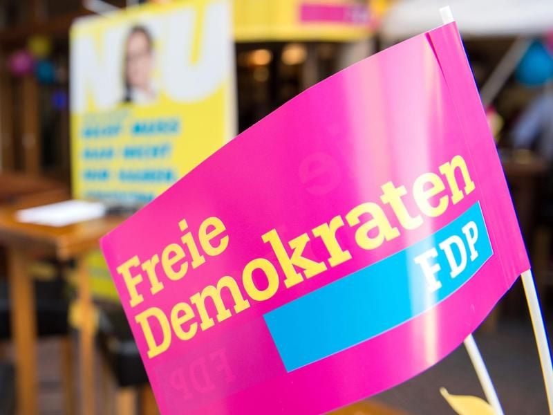 Ein Fähnchen mit der Aufschrift „Freie Demokraten FDP”. Foto: Silas Stein/Archiv