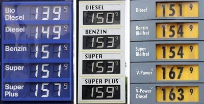 Verschiedene Anzeigentafeln zeigen am 16.05.2008 in Osnabrück Liter-Preise für Bio Diesel, Diesel, Benzin, Super und Super Plus an. (FOTO: DPA)