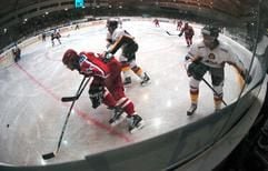 Der österreichische Eishockeynationalspieler Daniel Welser (l) versucht sich während des Länderspiels Deutschland gegen Österreich am Mittwoch (04.02.2004) in Bad Tölz gegen den deutschen Nationalspieler Lasse Kopitz (M) durchzusetzen, während Sven Felski (r) die Szene beobachtet. Die Deutschen verloren die Begegnung mit 0:2, die erste Niederlage gegen Österreich seit zehn Jahren. Mit dem Länderspiel wurde die Hacker-Pschorr-Arena in Bad Tölz, die mit 4000 Zuschauern ausverkauft war, eingeweiht. (Foto: dpa)