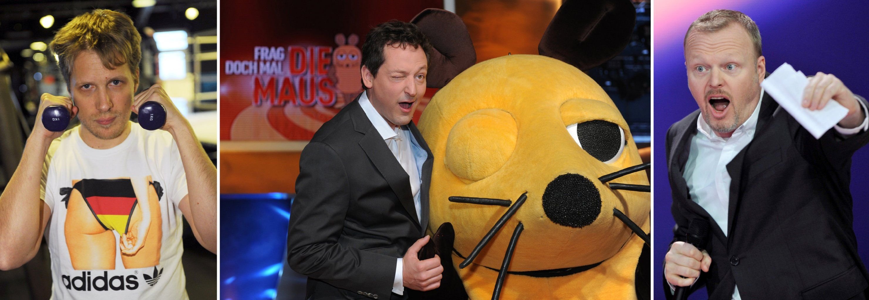Die Bildkombo zeigt die Moderatoren (v.l.) Oliver Pocher bei einem Fototermin zur RTL-Show "Alle auf den Kleinen", Eckart von Hirschhausen bei einem Fototermin zur ARD-Show "Frag doch mal die Maus" und Moderator Stefan Raab, der die Show «Schlag den Raab» moderiert.