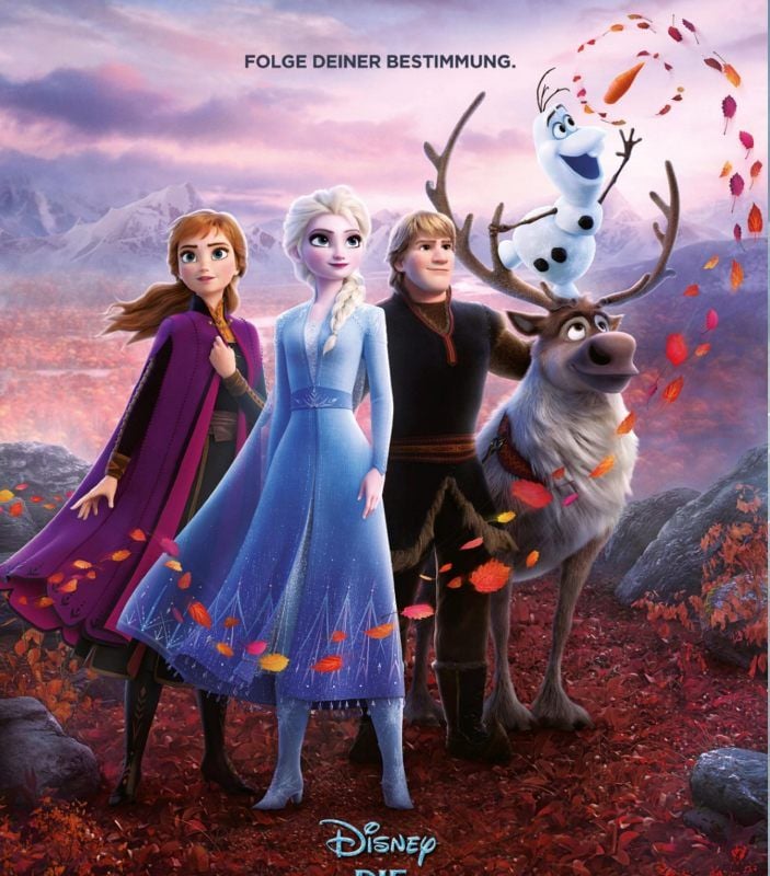Anna und Elsa mit Kristoff, dem Rentier Sven und Schneemann Olaf - die Helden aus „Eiskönigin 2“.