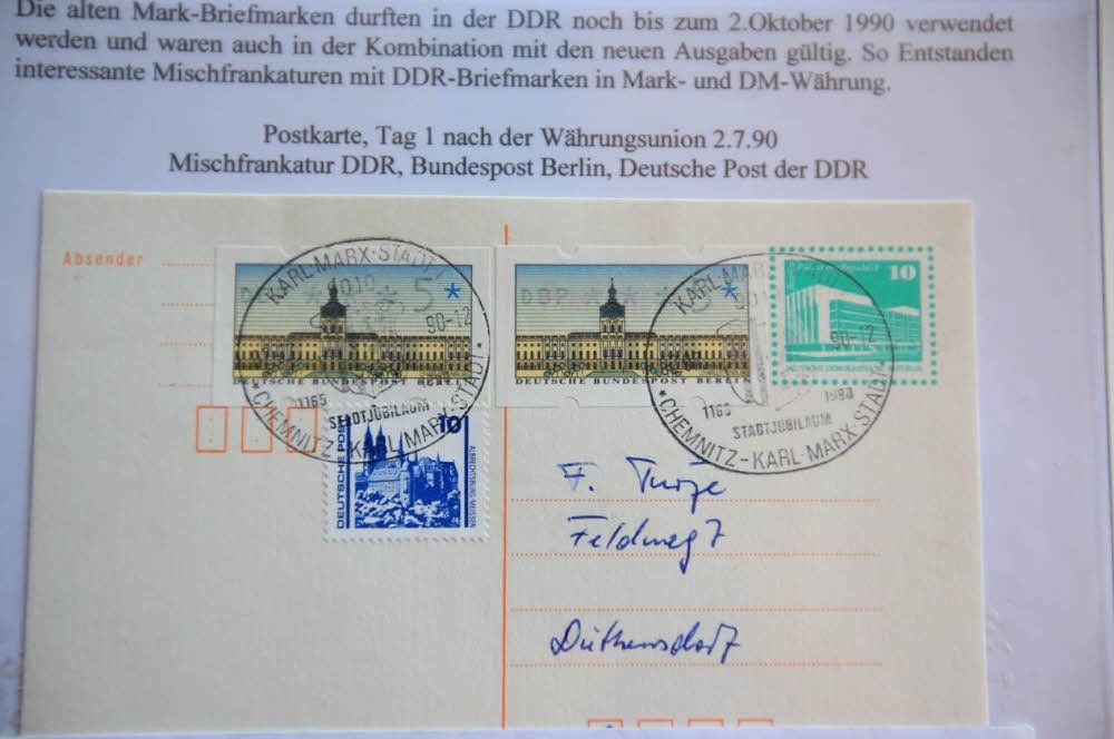 Kurios: DDR-Briefmarken und bundesdeutsche vereint auf einer Postkarte.