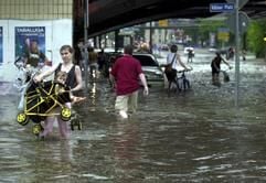 Überschwemmte Straßen in der Magdeburger Innenstadt nach einem Unwetter am späten Donnerstagnachmittag (05.06.2003). (Foto: dpa)