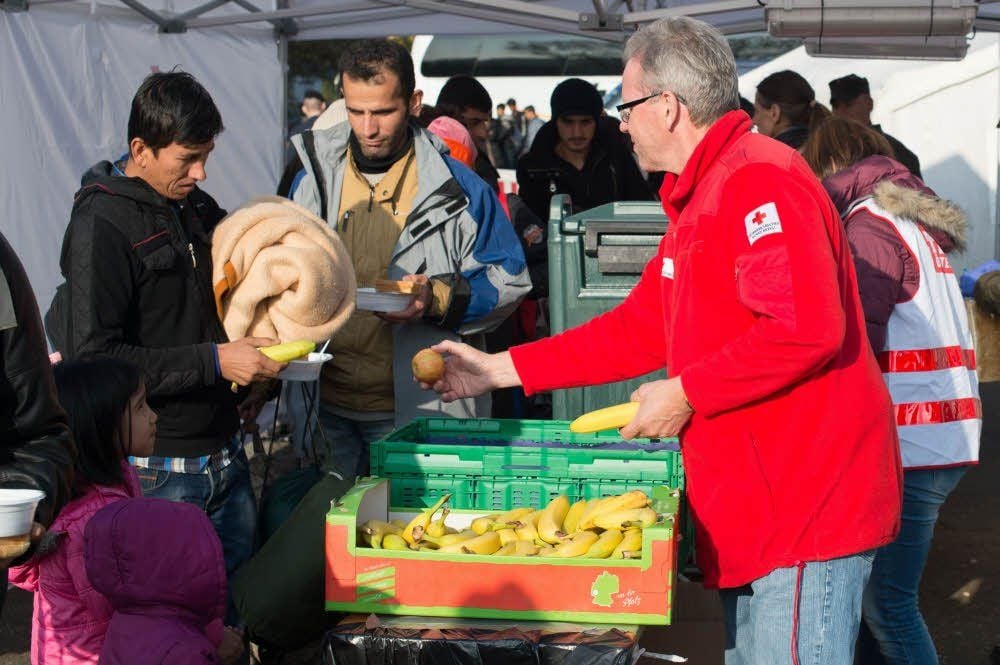 Angekommen in Deutschland – Migranten nach dem Grenzübertritt in der Nähe des bayerischen Dorfes WegscheidFlüchtlinge aus Afghanistan warten bei Wegscheid auf den Grenzübertritt nach Deutschland.Rotkreuz-Mitarbeiter verteilen an der Grenze bei Passau Obst an die Flüchtlinge.