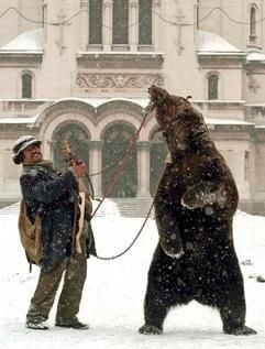 Ein bulgarischer Roma spielt in Sofia neben einem Tanzbär auf einem Instrument (Gadulka - Archivfoto vom 01.02.1999). Die Tanzbären an der bulgarischen Schwarzmeerküste und im Zentrum der Hauptstadt Sofia gehören als Touristen-Attraktion endgültig der Vergangenheit an. (Foto: dpa)