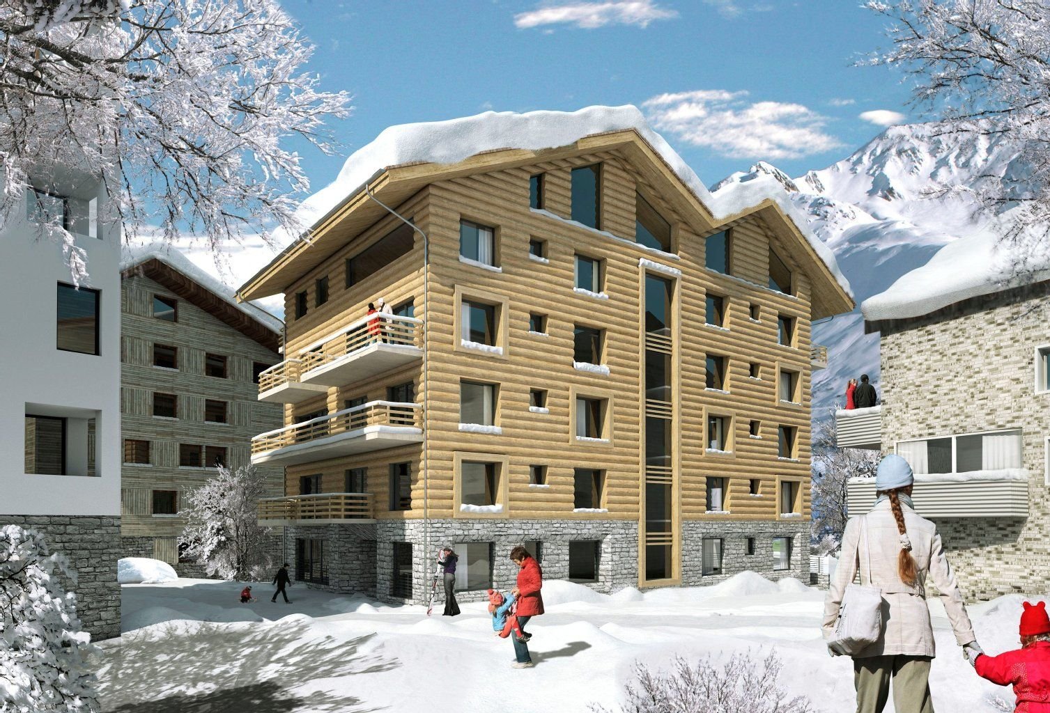 Außen rustikaler Blockhausstil, innen hochmoderne Apartments: So sollen die Häuser mit Ferienwohnungen in Andermatt einmal aussehen.