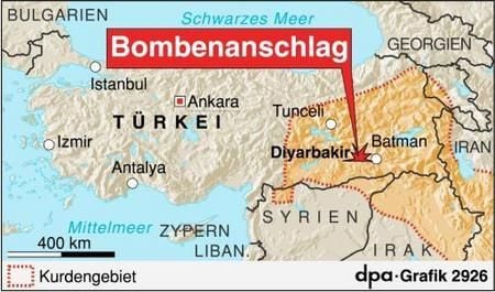 Anschlag in Diyarbakir mit Hauptsiedlungsgebieten der Kurden (Grafik: dpa)