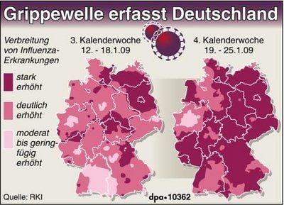 Verbreitung von Influenza-Erkrankungen (Virusaktivität) in Deutschland. (GRAFIK: DPA)