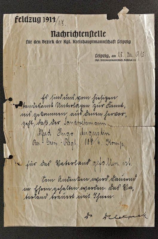 Die offizielle Benachrichtigung vom Tode des Landwehrmannes Alfred Hugo Augustin. Sie erreichte die Familie erst ein Jahr nachdem er vermisst wurde.
