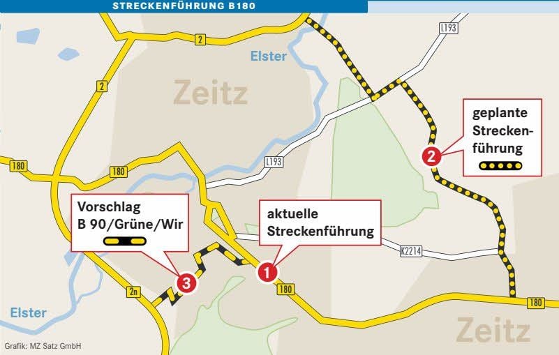 Streckenführung und Varianten der B180 bei Zeitz
