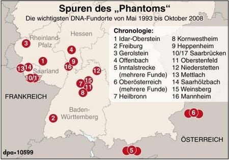 Orte, an denen bei Polizeiermittlungen identische DNA-Spuren gefunden wurden. Die Polizei hatte intensiv nach dem «Phantom» gefahndet, da die weibliche Gen-Spur an mindestens 40 verschiedenen Tatorten in Baden-Württemberg, Rheinland-Pfalz, im Saarland und in Österreich aufgetaucht war. Die mutmaßliche Verbrecherin wurde verdächtigt, an sechs Morden beteiligt gewesen zu sein. Sie soll unter anderem eine Polizistin in Heilbronn erschossen haben. (GRAFIK: DPA)