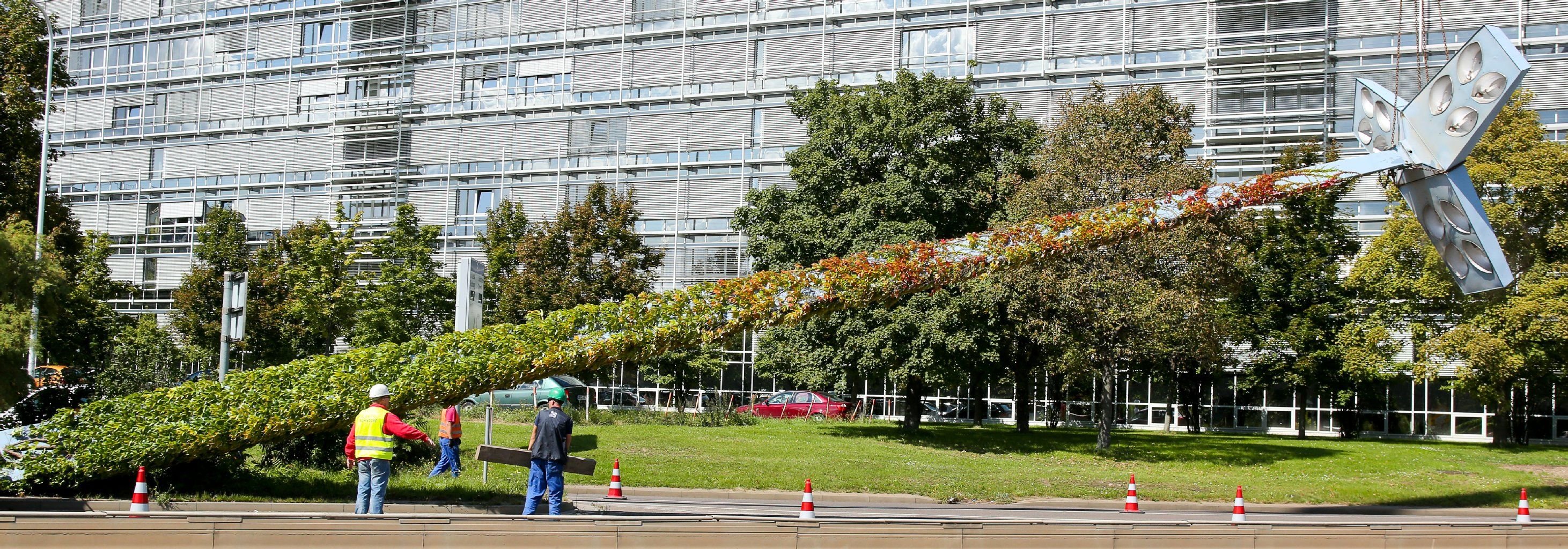 Am Mittwoch haben Arbeiter zwei der großen Leuchten am Riebeckplatz in Halle abgebaut.