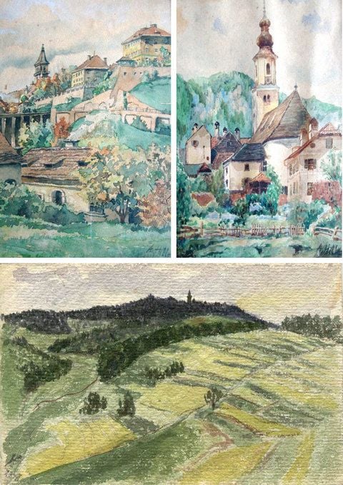 Eine Bildkombo aus drei Reproduktionen von Bildern, die von Adolf Hitler gemalt worden sein sollen: Aquarell «Ortschaft am Main» (signiert mit «A Hitler 19» - aus dem Jahr 1919, o.r.), Maria Gern (signiert mit A. Hitler 12 - aus dem Jahr 1912, o.l.) und eine Landschaftspostkarte, die nach Angaben des Auktionators den Poststempel vom 5.09.1907 trägt. (FOTO: DPA)
