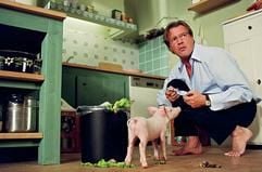 Im neuen Kinofilm «Rennschwein Rudi Rüssel 2» bückt sich der Vater Thomas (Sebastian Koch) in der Küche zum Schwein Rudi. (Foto: dpa)