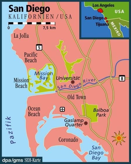 Der äußerste Südwesten der Vereinigten Staaten: San Diego liegt ganz im Süden des Bundesstaates Kalifornien am Pazifik. (Foto: dpa)