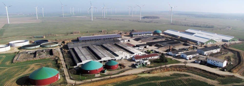 Die Milchagrargenossenschaft Kemberg von oben: rechts die neuen Ställe samt Melkzentrum