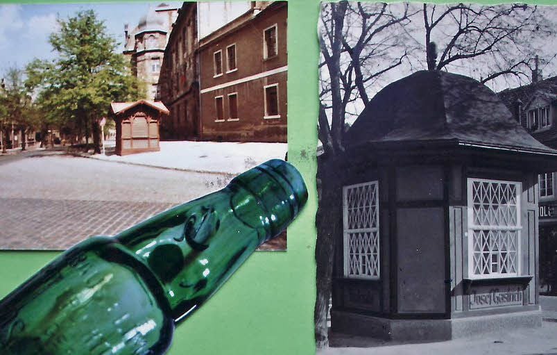 Eine gestaltete Postkarte mit den Buden im Bernburger Stadtbild.