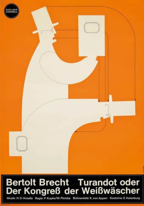 Karl-Heinz Dreschers sachliches Plakat für eine Inszenierung zu „Turandot oder Der Kongress der Weißwäscher“ (1973) am Berliner Ensemble