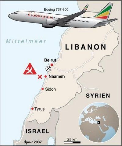 Kurz nach dem Start in Beirut ist eine Maschine der Ethiopian Airlines mit 90 Menschen an Bord ins Meer gestürzt. Laut Flughafen wurde die Boeing 737 vom Blitz getroffen. Das Flugzeug der Ethiopian Airlines war auf dem Weg nach Addis Abeba. (GRAFIK: DPA)