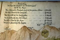 Teil der Zugspitzregion auf einer historischen Karte, die am Dienstag (19.09.2006) vom Deutschen Alpenverein in München gezeigt wird. In einem Kasten sind in Etappen die Gehzeiten vermerkt, deren letzte in vier Stunden über das Blatt zum Gipfel führt (Nahaufnahme). (Foto: dpa)