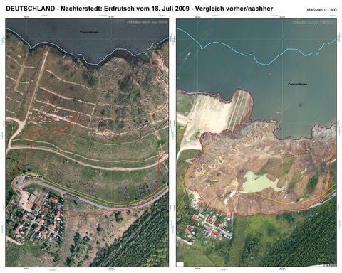 Das Bild aus zwei Luftaufnahmen zeigt das Gebiet um Nachterstedt vor (li.) und nach dem Erdrutsch (Fotos vom 05.05.06/22.07.09). (FOTO: DLR/BKG/DAPD)