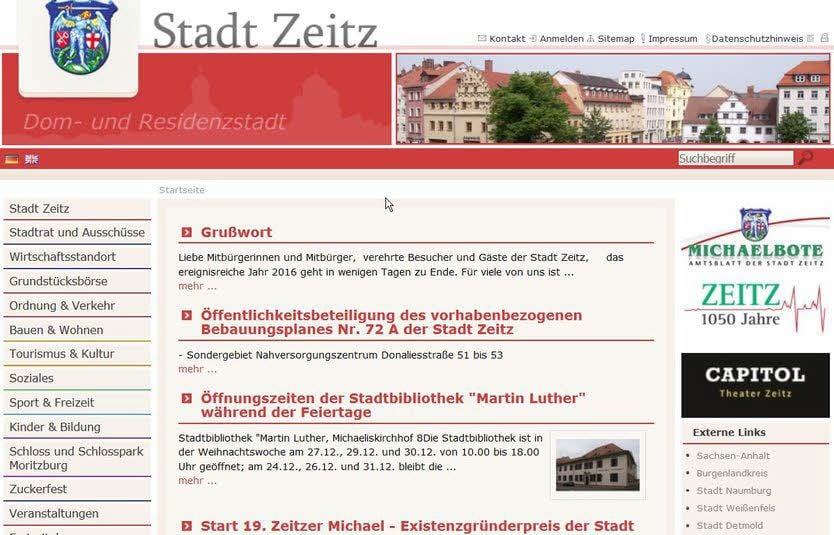Ein Bildschirmfoto der Startseite www.zeitz.de. Die Stadt soll in Kürze einen ganz neuen Webauftritt erhalten.