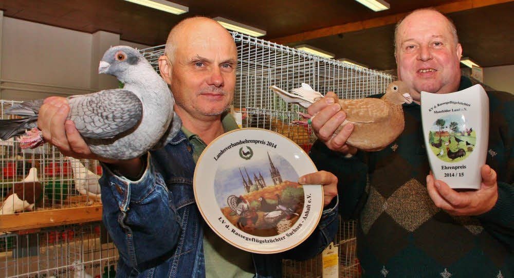 Manfred Heier (l.) mit seinem Syrischen Segler und Uwe Brunsch mit einer Altenburger Trommeltaube.