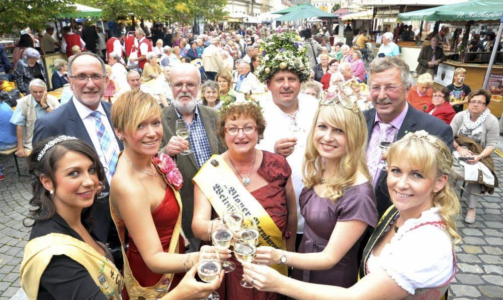 Die Genthiner Kartoffelkönigin Caroline Lange (vorn von links), die Bernburger Rosenkönigin Sabine Lange, die Bernburger Weinfürstin Brigitte Schiering, die Gebietsweinkönigin Anne Meinhardt und die Jessener Weinprinzessin Janine Fischer stoßen mit OB Henry Schütze (hinten von links), Klaus Epperlein von der Hochschule, dem Ziwwelbaron Heiko Strube und Weinbaupräsident Siegfried Boy an.