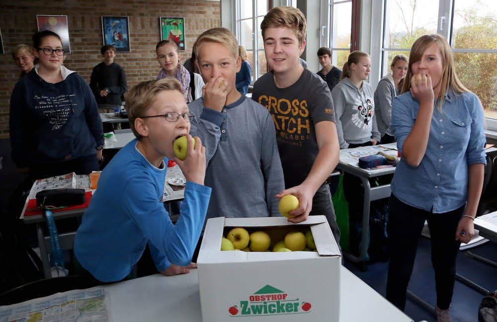Der Obsthof Zwicker stellt für Einrichtungen im Raum Jessen, Wittenberg und Gräfenhainichen kostenlos Äpfel bereit. Hier machen sich Achtklässler des Jessener Gymnasiums über den gesunden Pausengenuss her. Gymnasium und Kita Knuds Kinderland in Jessen bedanken sich ausdrücklich.