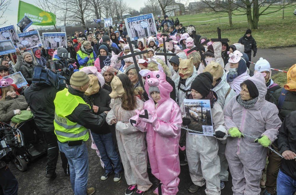 Zahlreiche Bürger demonstrierten im März vor dem Schweinehochhaus gegen die Massentierhaltung.