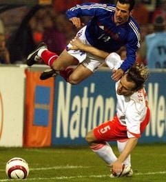 Der Niederländer Zenden (unten) und Frankreichs Giuly kämpfen um den Ball (Foto: dpa).