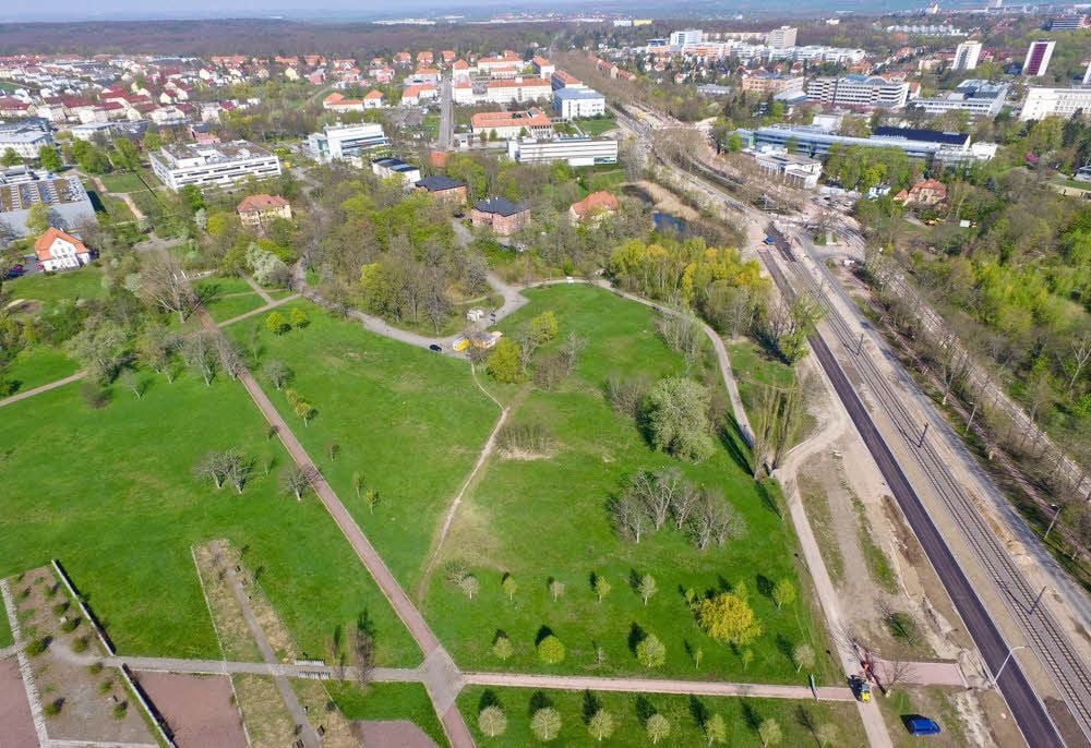 Blick auf die Weinbergwiesen in Heide-Süd. Rechts ist der Gimritzer Damm, im Norden ist der Weinbergcampus zu sehen.