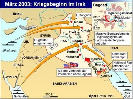 März 2003: Kriegsbeginn im Irak (Grafik: dpa)