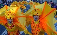 Mit farbenprächtigen Kostümen feiern die Karnevalisten am Samstag (05.02.2005) den traditionsreichen Wasunger Karneval. (Foto: dpa)