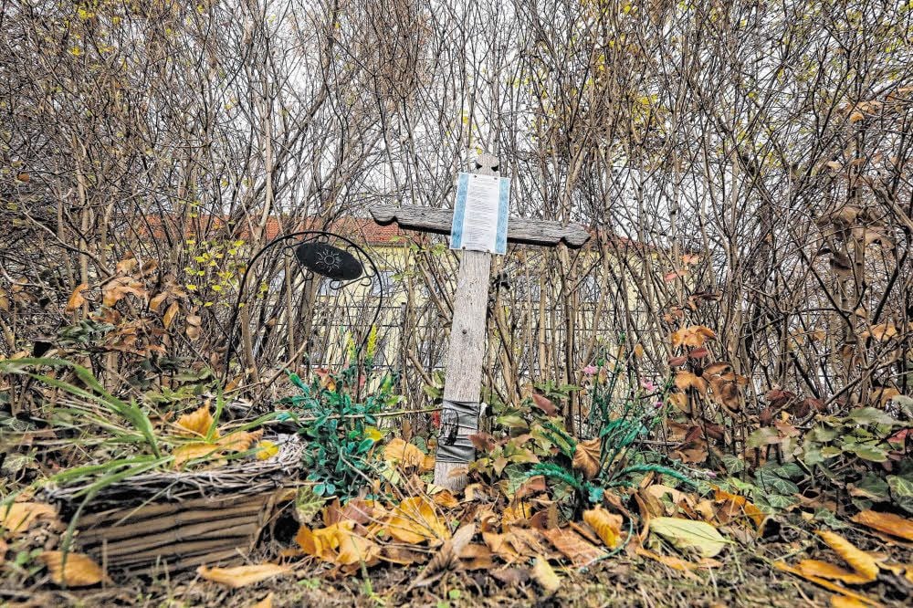 Schief und verwittert: Ein Holzkreuz, an das ein Blatt Papier gepinnt ist, markiert die Ruhestätte von drei Herzögen und ihren Angehörigen.