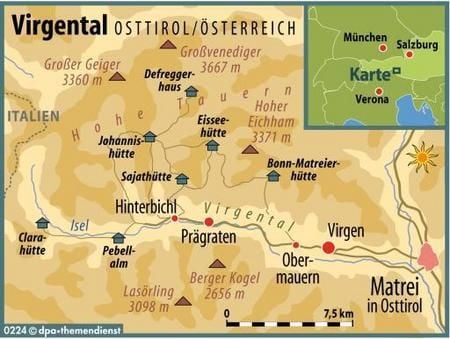Am Südrand des Alpenhauptkamms: Das Virgental erstreckt sich zwischen den Dreitausendern Großvenediger und Lasörling. (GRAFIK: DPA)