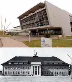 Das Gebäude des Luftfahrt-Bundesamtes in Braunschweig. am Gelände des Flughafens in Waggum (Foto oben vom 04.11.2004). Der erste Amtssitz des Luftfahrt-Bundesamtes befand sich von 1955 bis 1973 im rechten Flügel des Hauptgebäudes des Flughafens Braunschweig (undatiertes Foto unten). Eine der wichtigstens Kontrollinstanzen ist seit nunmehr 50 Jahren das Luftfahrt-Bundesamt (LBA) in Braunschweig. Ob es um eine Schraube für ein neues Flugzeug geht, um regelmäßige Wartungen oder um die Piloten-Lizenz - mehr als 100 verschiedene Prüfungs-, Zulassungs- und Überwachungsfunktionen werden vom LBA wahrgenommen. (Foto: dpa)
