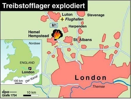 Treibstofflager nahe Luton explodiert (Grafik: dpa)