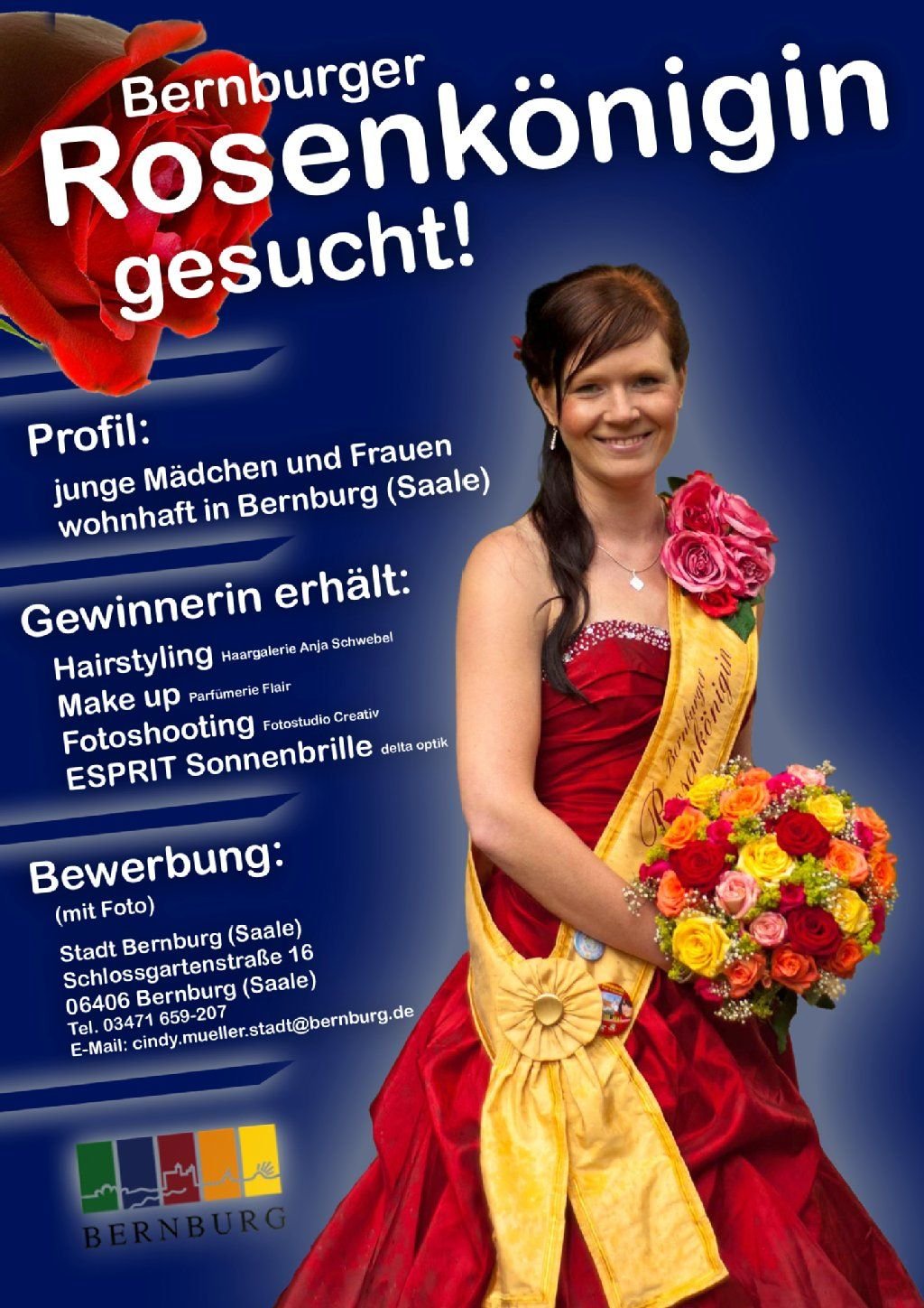 Mit diesem Poster wird die neue Bernburger Rosenkönigin gesucht.