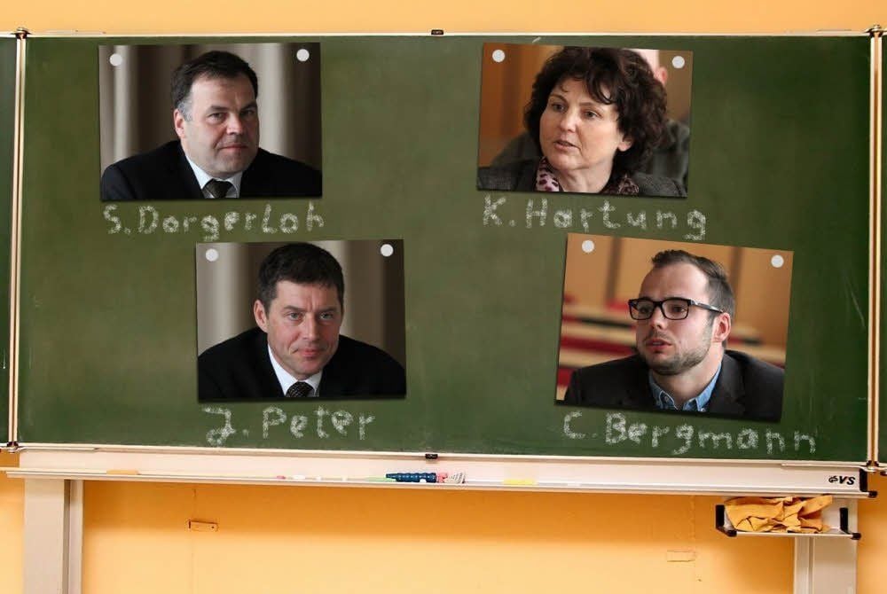 Kultusminister Stephan Dogerloh, Lehrerin Katrin Hartung, Schulleiter Jens Peter und der potenzielle Referendar Chris Bergmann.