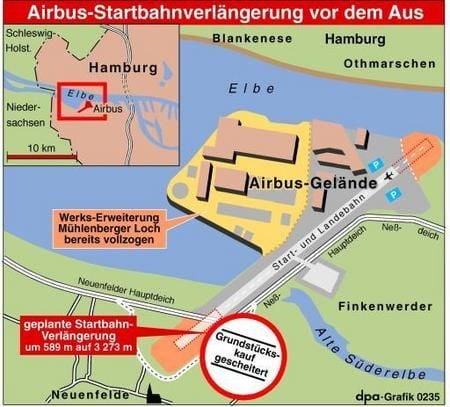 Geplante Verlängerung der Airbus-Startbahn (Grafik: dpa)