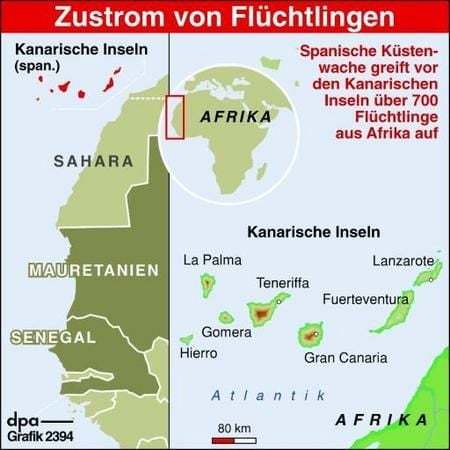 Die spanische Küstenwache hat vor den Kanarischen Inseln hunderte Flüchtlinge aus Afrika aufgegriffen. (Grafik: dpa)