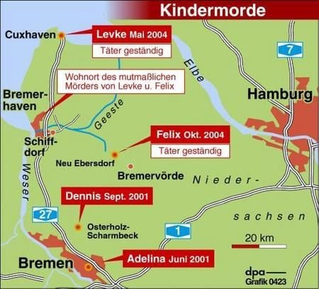 Tatorte der Kindermorde (Grafik: dpa)