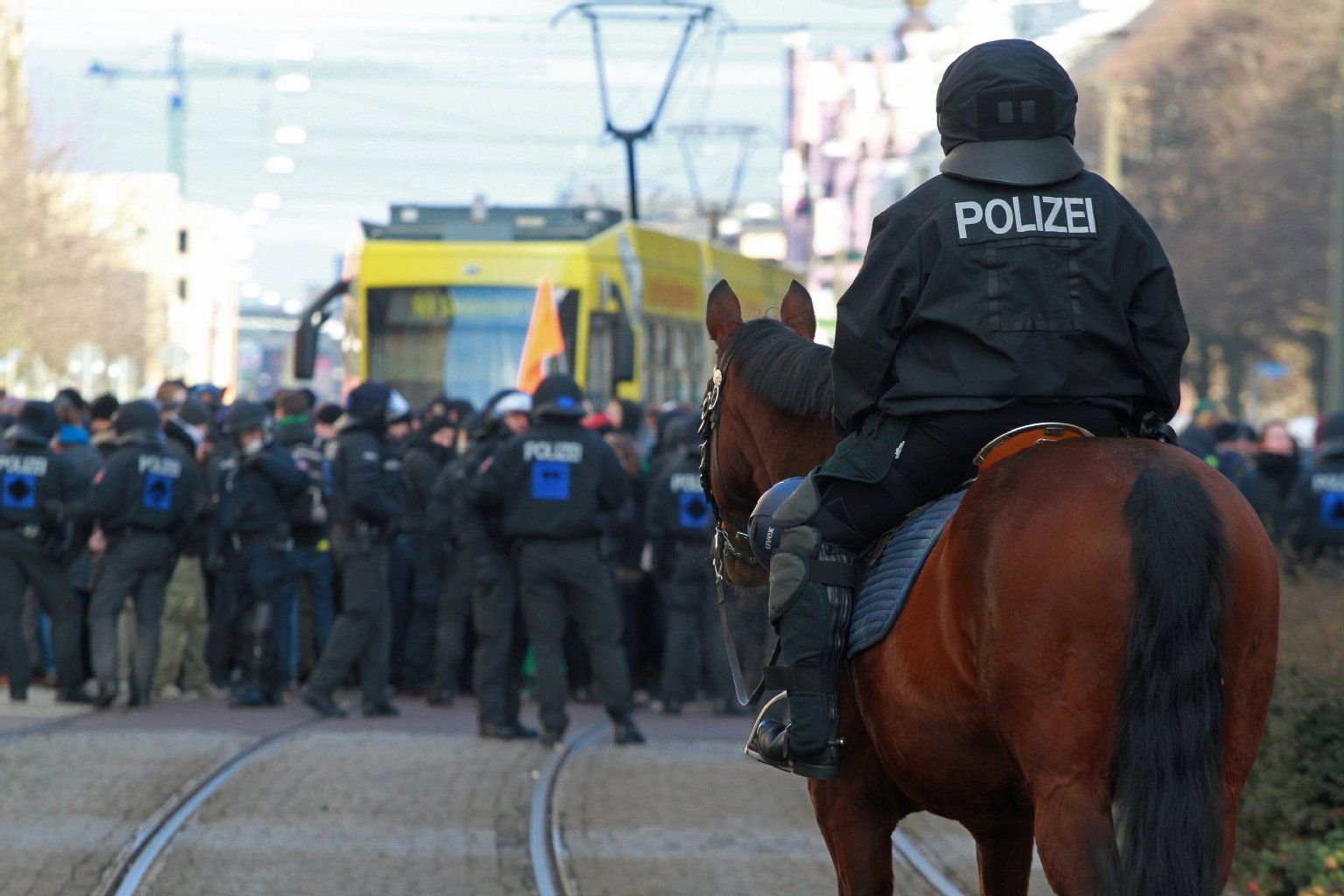 Fahrzeuge der Einsatzkräfte der Polizei stehen in Magdeburg auf einer Straße. Mit einem Großaufgebot will die Polizei in der Stadt Auseinandersetzungen zwischen rechten und linken Extremisten sowie Gegendemonstranten verhindern.