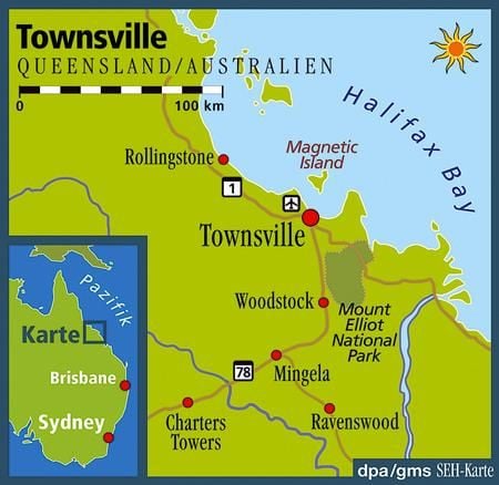 Wo Queenslands Tropen trocken sind: In der Region Townsville fällt verhältnismäßig wenig Niederschlag. Die Zone mit üppig-grünem, dichtem Regenwald beginnt etwas weiter nördlich. (Grafik: dpa)
