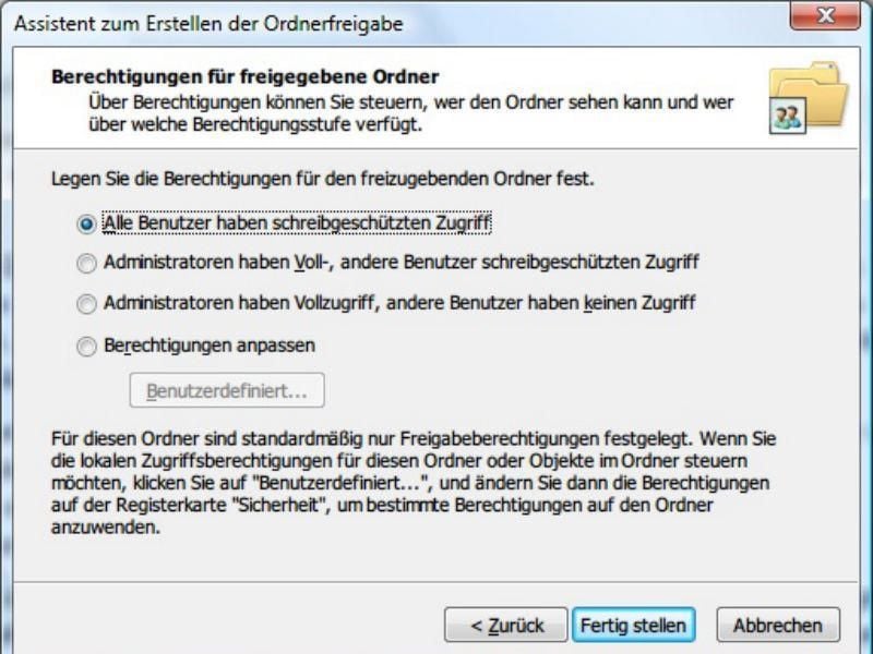 Mit dem Windows-Assistenten können Ordner in einem Netzwerk freigegeben werden. Dabei kann man festlegen, ob neben einem Lese- auch ein Schreibzugriff möglich sein soll.