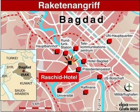 Raketenangriff auf das Raschid-Hotel in Bagdad. (Grafik: dpa)