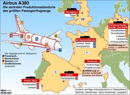 Die zentralen Produktionsstandorte für den Airbus A380 (Grafik: dpa)