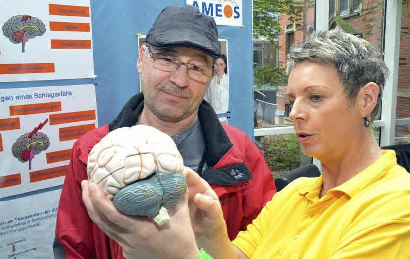Katrin Beau zeigt Volker Lüttig, an welcher Stelle seines Gehirns die Durchblutungsstörung war, die den Schlaganfall und die Sprachstörung verursacht hat.